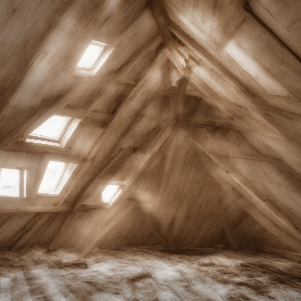 Attic ventilation inspection with natural light streaming through windows showing wooden beams and professional home maintenance space