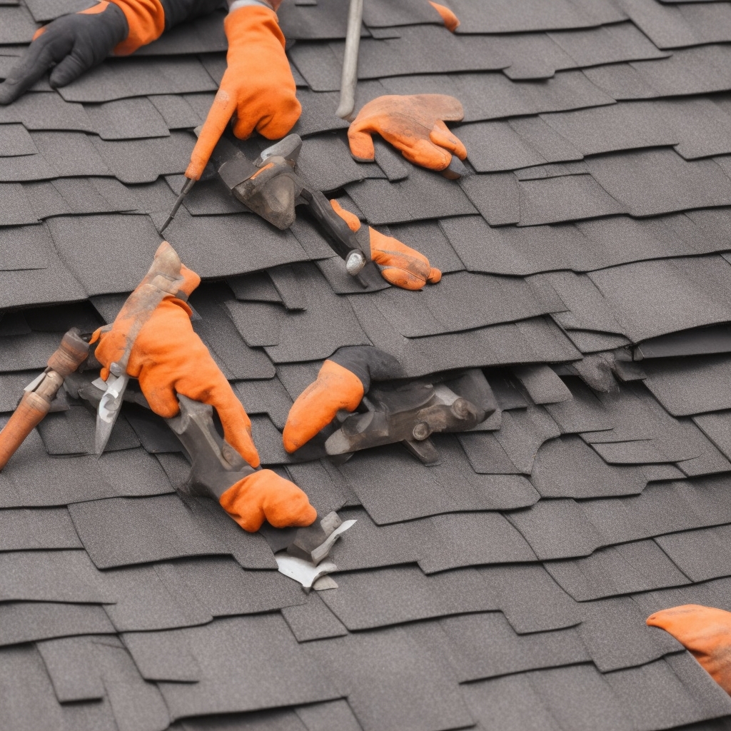 Professional roofer's hands installing asphalt shingles with tools showing detailed craftsmanship and material understanding