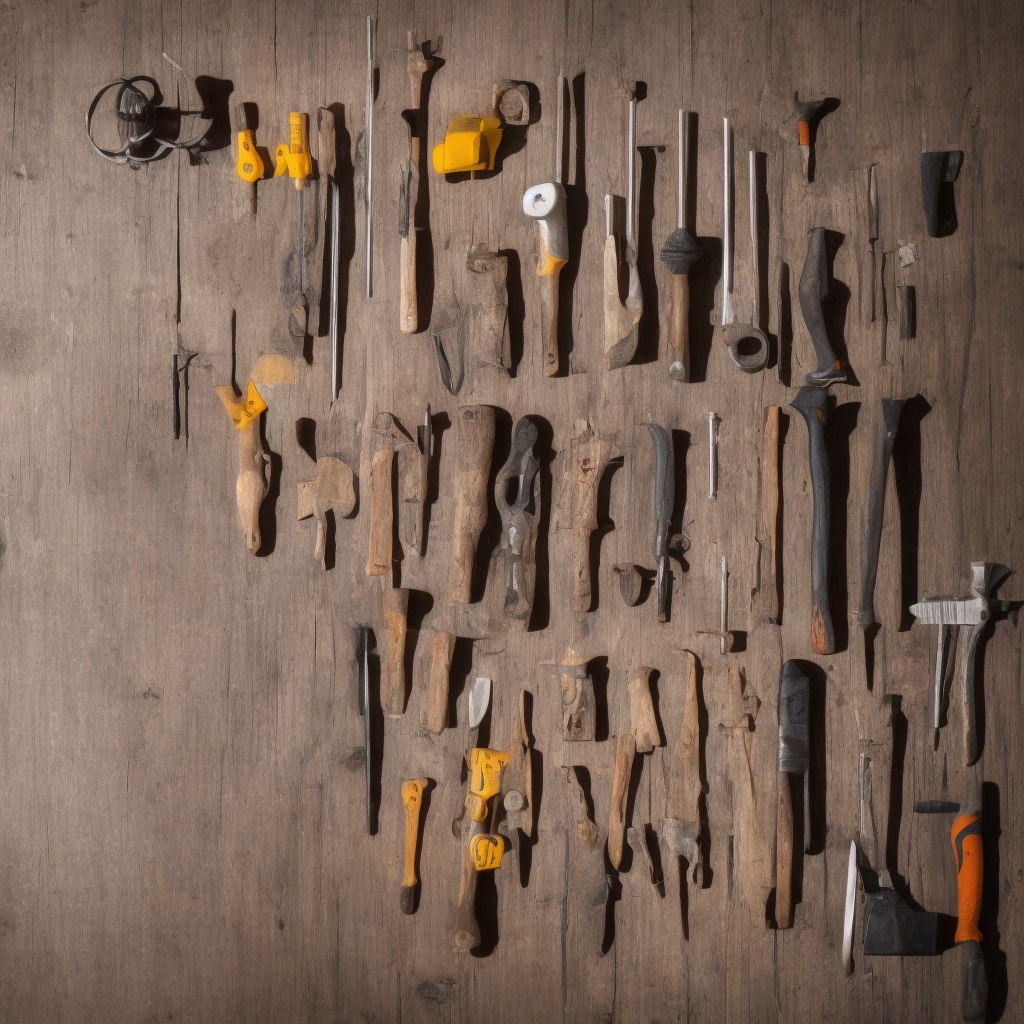 Organized toolkit with hammer, level, tape measure, nails on wooden workshop surface