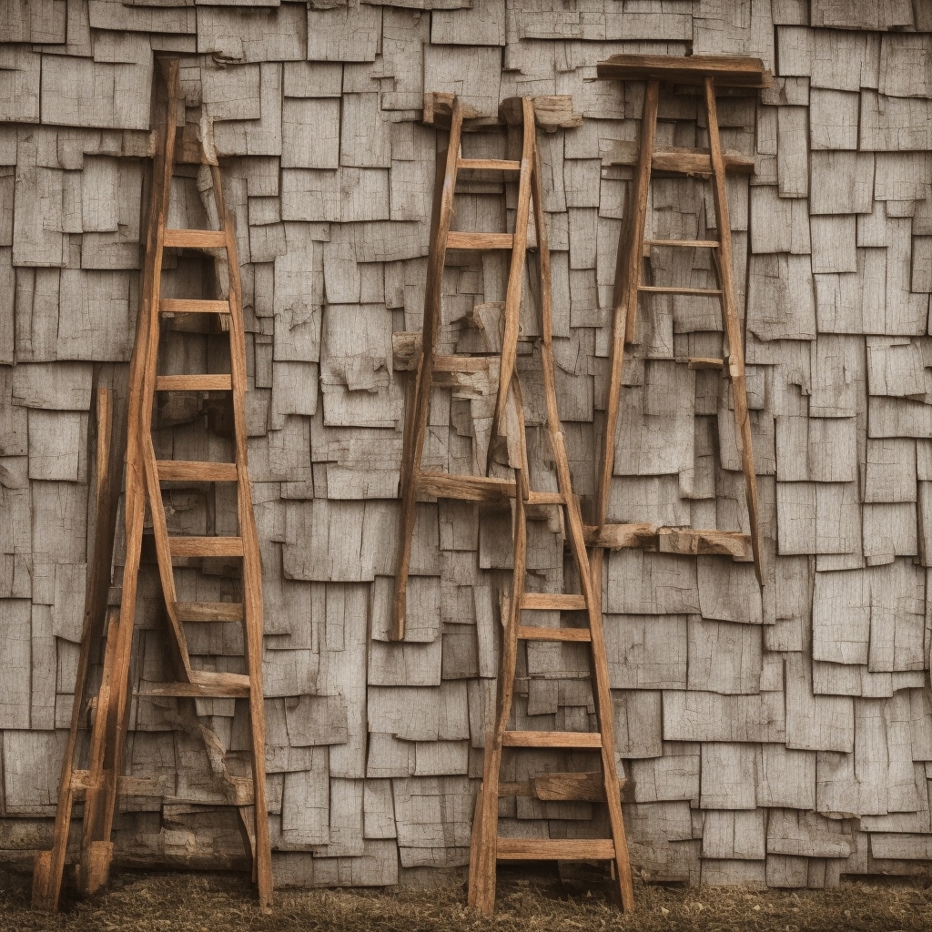 Ladder against house with professional roof measuring tools and equipment setup in golden afternoon light